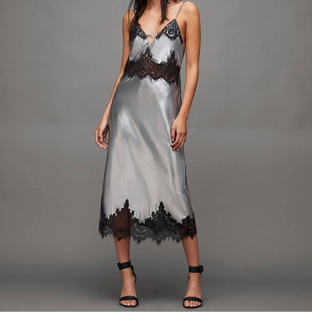 Allsaints Ophelia Metallic Lace Trim Slip Dress